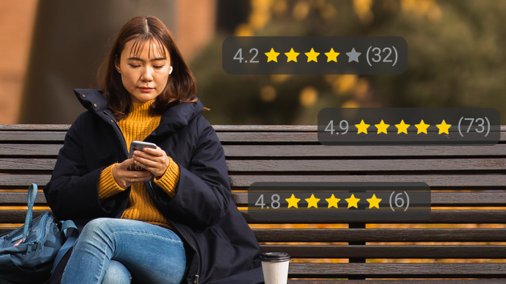 Woman on a bench outside using a smartphone. Graphics of Google ratings are beside her: 4.2 stars, 4.9 stars, and 4.8 stars.