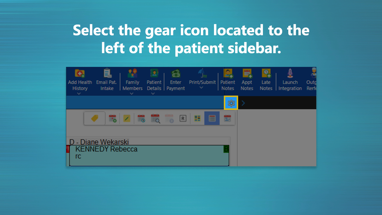 Text reads: Select the gear icon located to the left of the patient sidebar.
Image description: The gear icon in ABELDent is highlighted.