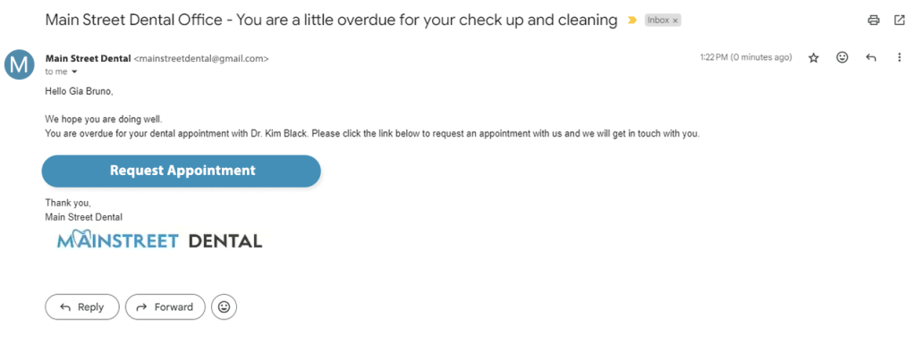 An example of an email sent via ABELDent ARB (Automated Recall Booking). The email contains a button with a link for the recipient to request an appointment for an overdue dental appointment.