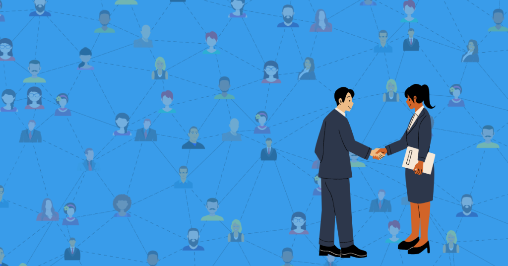 A background of small cartoon icons depicting people being networked with lines connecting them; in the foreground, two cartoon people shake hands.