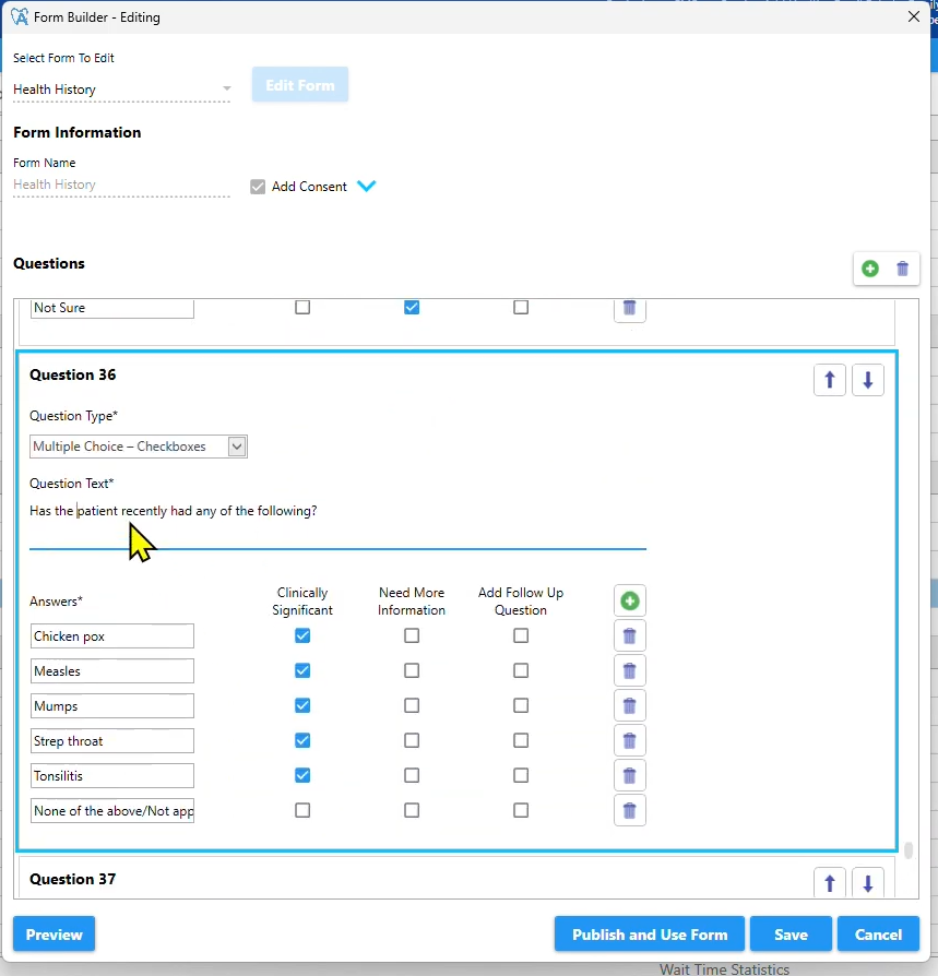 A screenshot demonstrating editing a question in ABELDent's Form Builder