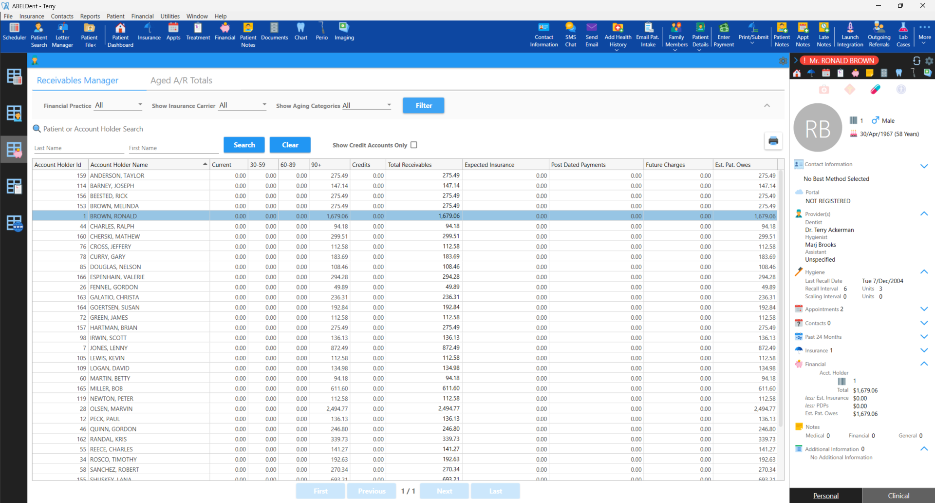 Screenshot of the Receivables Manager Tab in ABELDent displaying owing amounts from patients listed alphabetically