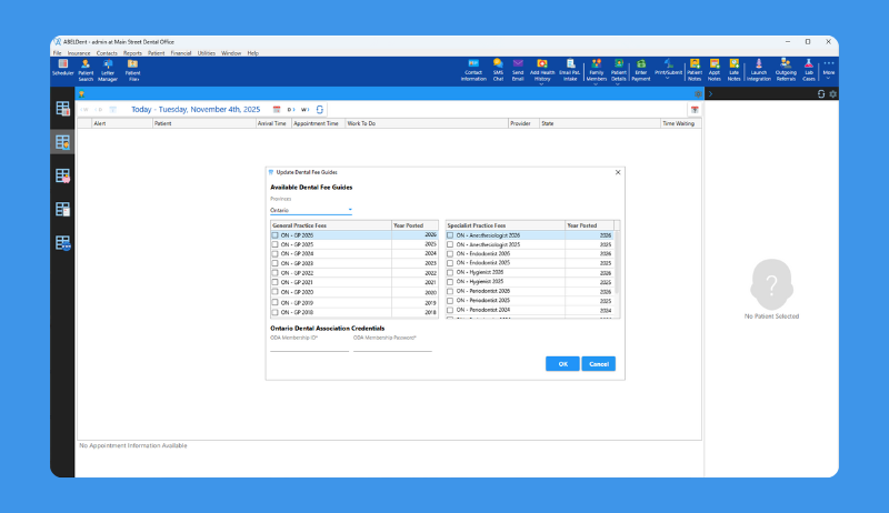 A screenshot displaying the various fee guides available for dentists to download in ABELDent version 15.