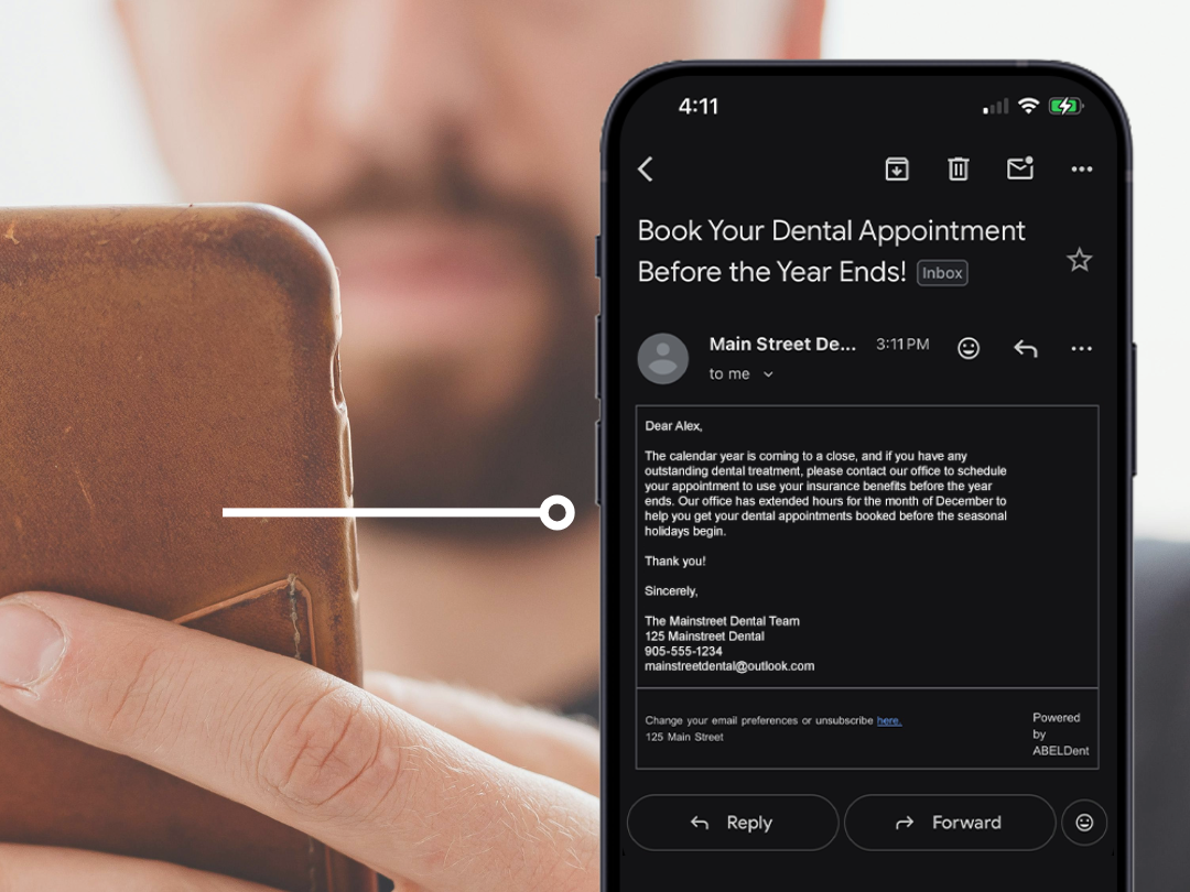 Man looking at a Smartphone. A line connects the smartphone to a graphic of a smartphone displaying an example of a sample email powered by ABELDent Broadcast Messaging.