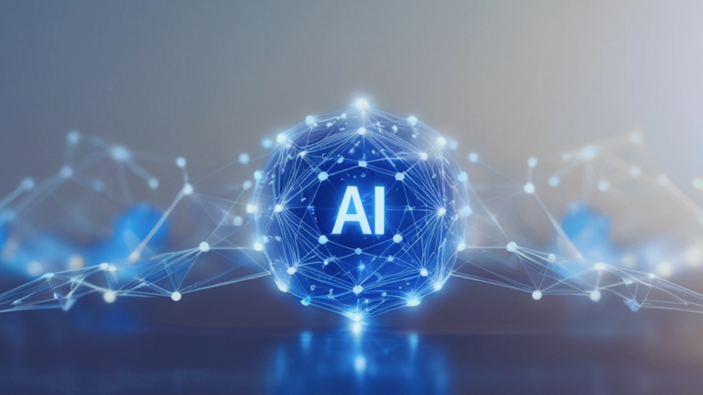 An image of a shape with many vector points forming a geometric sphere-type of shape. In the center of the shape reads "AI"