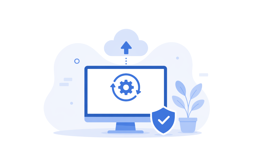 An icon-based image depicting a computer monitor with an updating icon in it and a shield with a checkmark beside it, indicating the software update will strengthen the system's security.