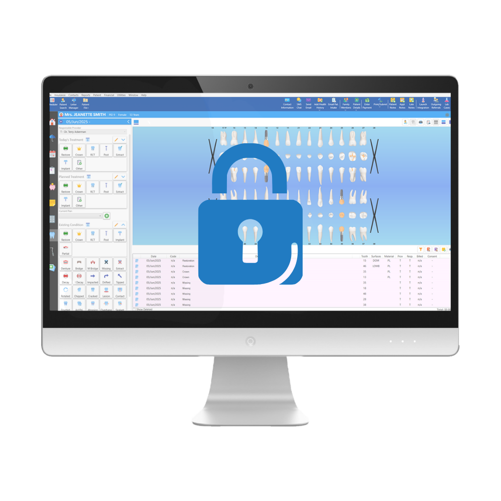 ABELDent Software - the Charting Screen open on a computer screen. A lock icon is overlaid on the software.