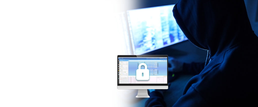 Person in hood trying to hack into a software. ABELDent software defending. Lock icon overlaid ABELDent software.