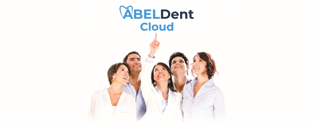 Five dental professionals pointing up at the text that reads: ABELDent Cloud. ABELDent is stylized as its logo.