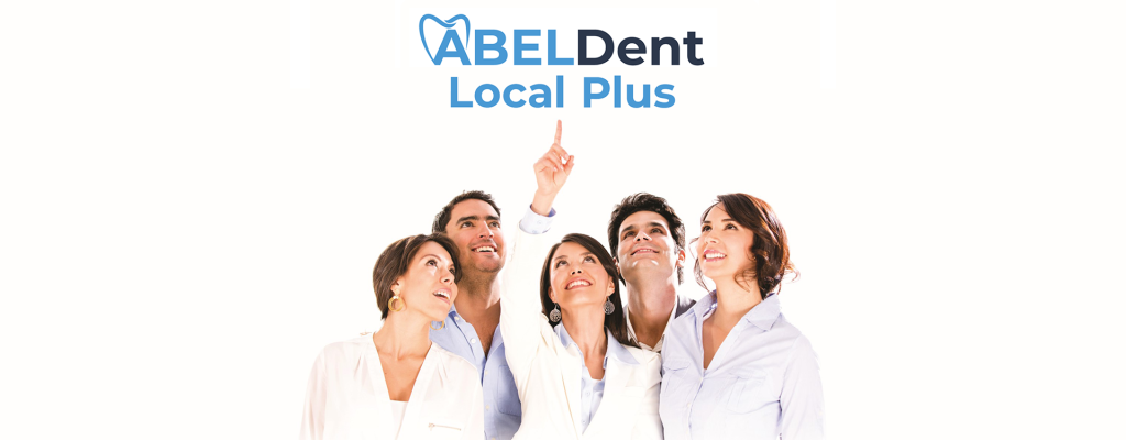 Five dental professionals pointing up at the text that reads: ABELDent Local Plus ABELDent is stylized as its logo.