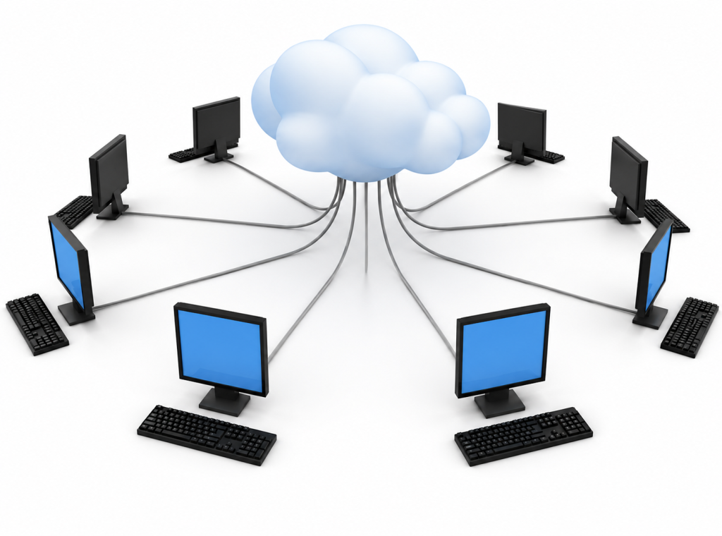 Computers in a circle attached to a cloud in the center.