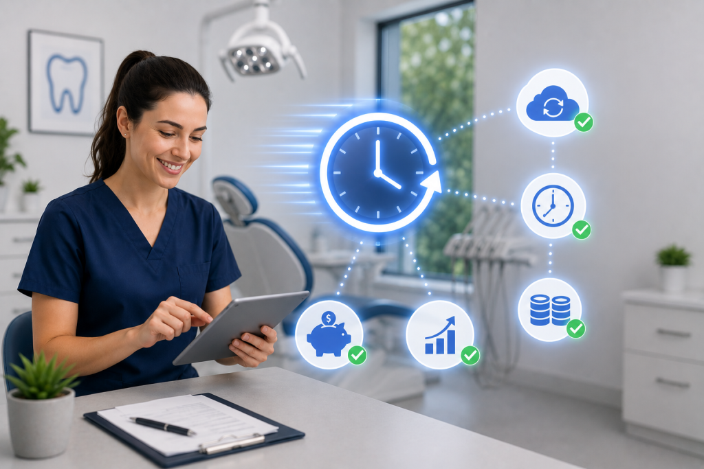 A female dentist using a tablet with time-saving and efficiency icons overlaid.
