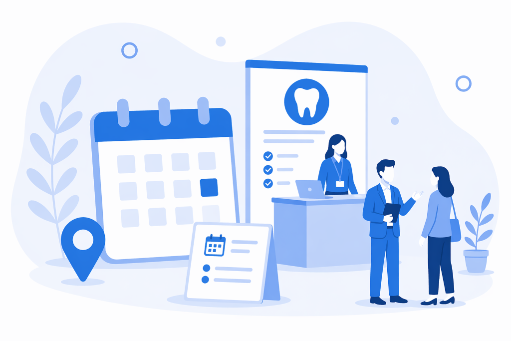 A calendar icon and a map pin icon on the left, and an icon-based depiction of a dental trade show with vendors and people talking.