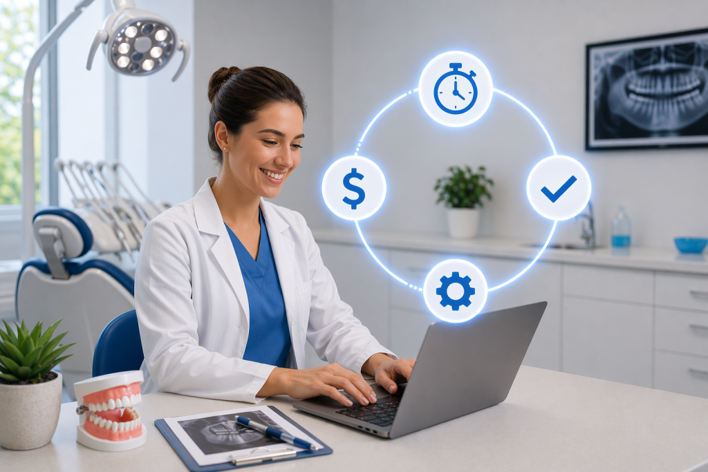 A dentist in an operatory smiling as she uses a laptop. Four icons overlay the image - a stopwatch, a checkmark, a gear icon and a dollar sign, all indicating reduced downtime and saving money.