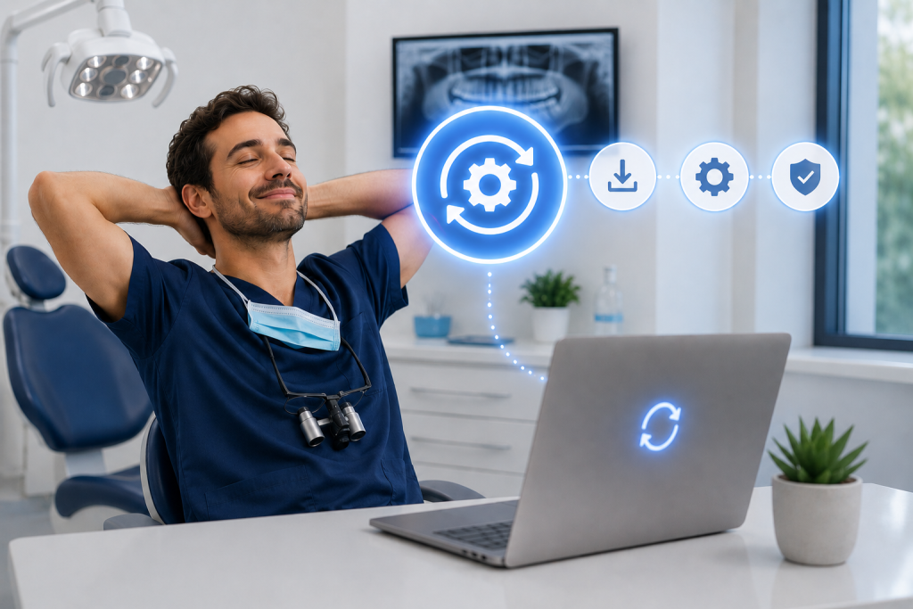 Dentist leaning back, relaxed from automatic updates.