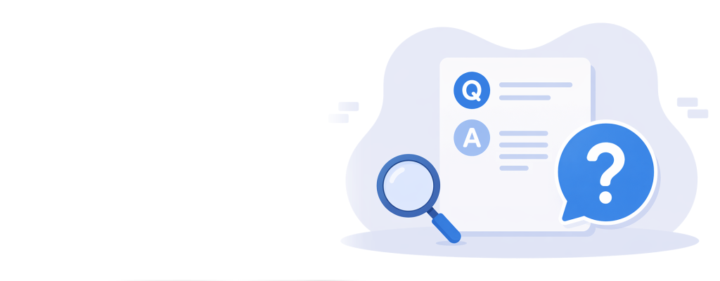An icon-based image depicting a Q&A. A magnifying glass icon and a question mark in a text bubble also appear beside the Q&A.