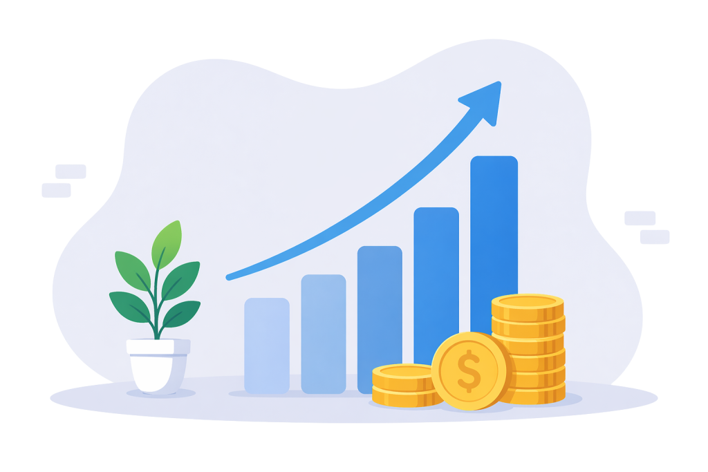 A plant beside a bar graph that has an upward trend and an arrow over top of the bar graph. A pile of coins are also in front of the bar graph indicating wealth and prosperity