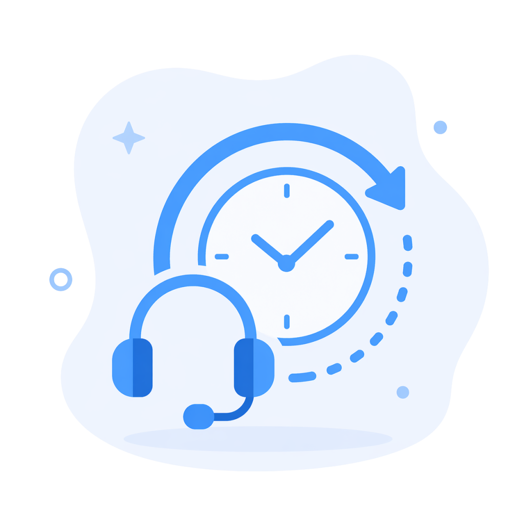 A icon-based image depicting a headset and a clock with an arrow circling around it, indicating round the clock support.