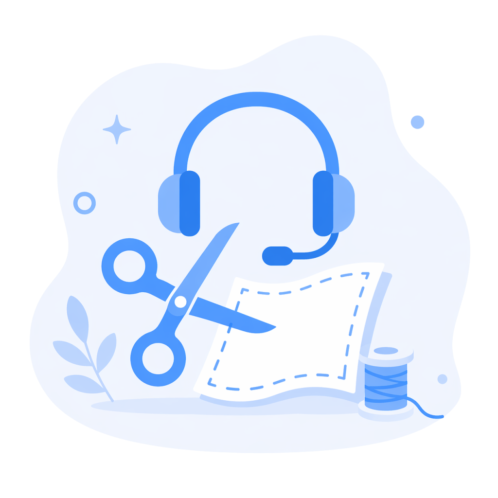 A icon-based image depicting a headset and a set of scissors, a piece of cloth, and a spool of thread, indicating tailored support.