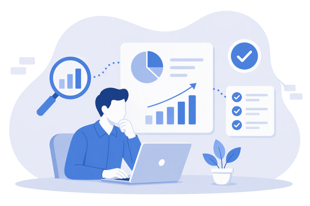 Illustration representing informed decision-making with a simplified data dashboard, charts, and analytics icons in a clean blue and green colour scheme.