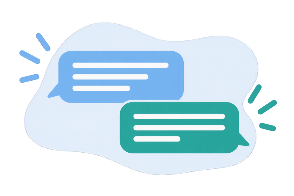 Two minimalist chat message bubbles in blue and teal exchange messages within a soft abstract background. White lines inside each speech bubble represent conversation text, with small accent marks on either side emphasizing two-way communication. The illustration uses a clean blue-green gradient style with no visible words, numbers, or people.