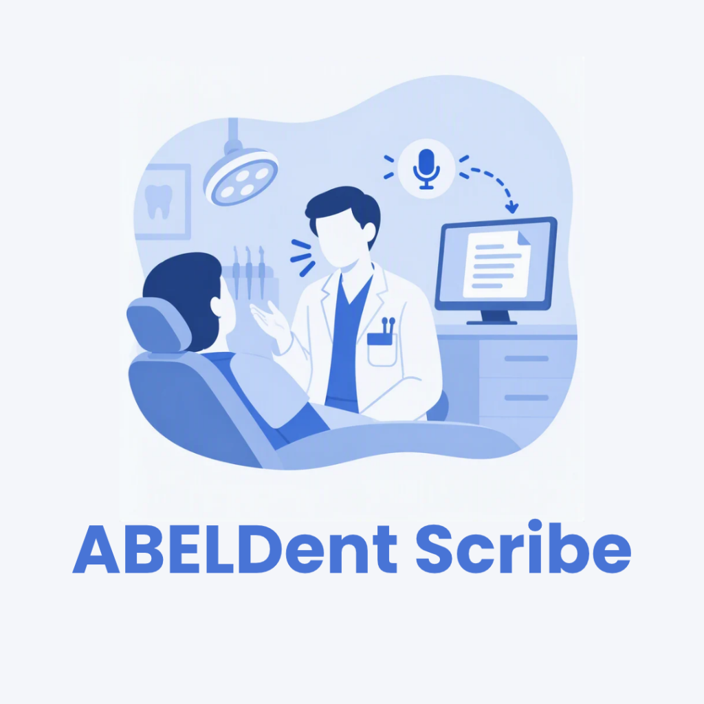 Illustration of a dentist speaking with a patient while ABELDent Scribe captures speech and creates clinical notes.