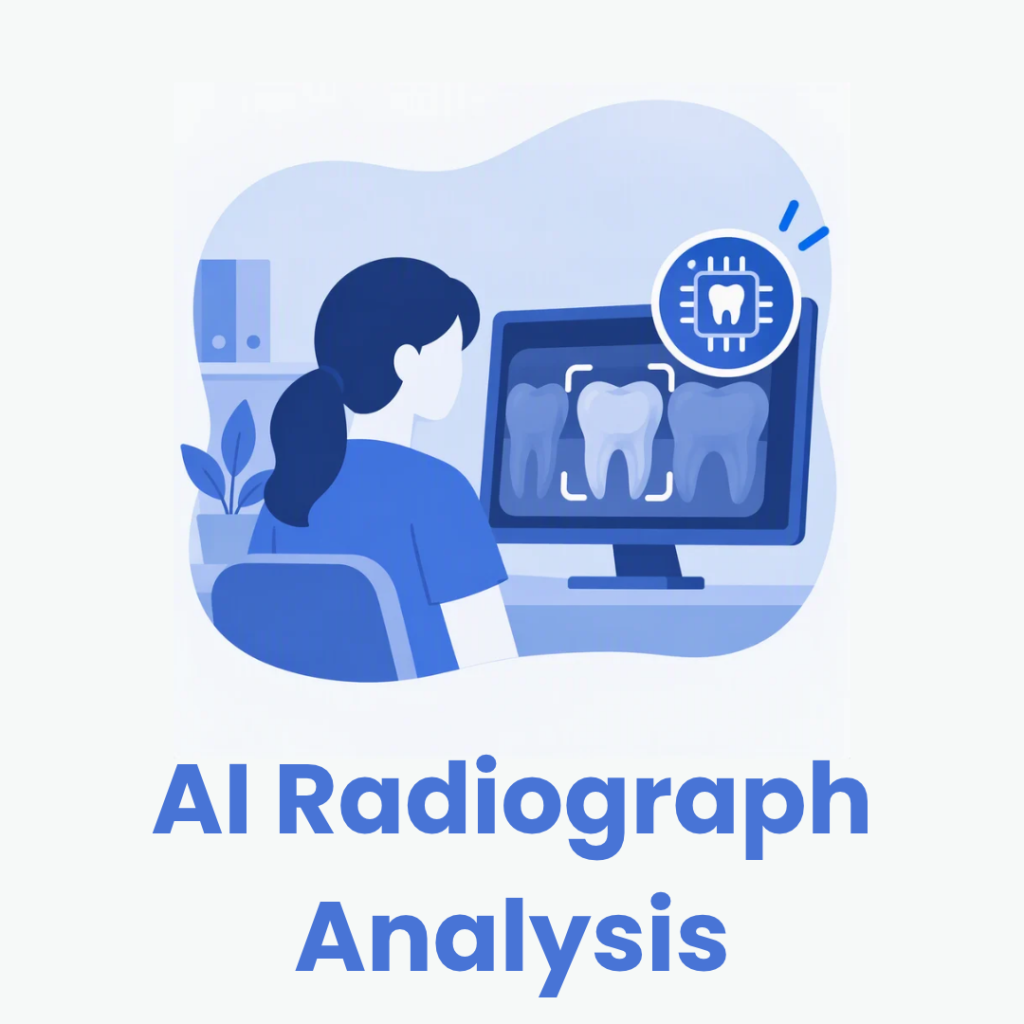 Illustration of a dental professional viewing dental radiographs on a monitor with AI analysis highlighting a tooth.