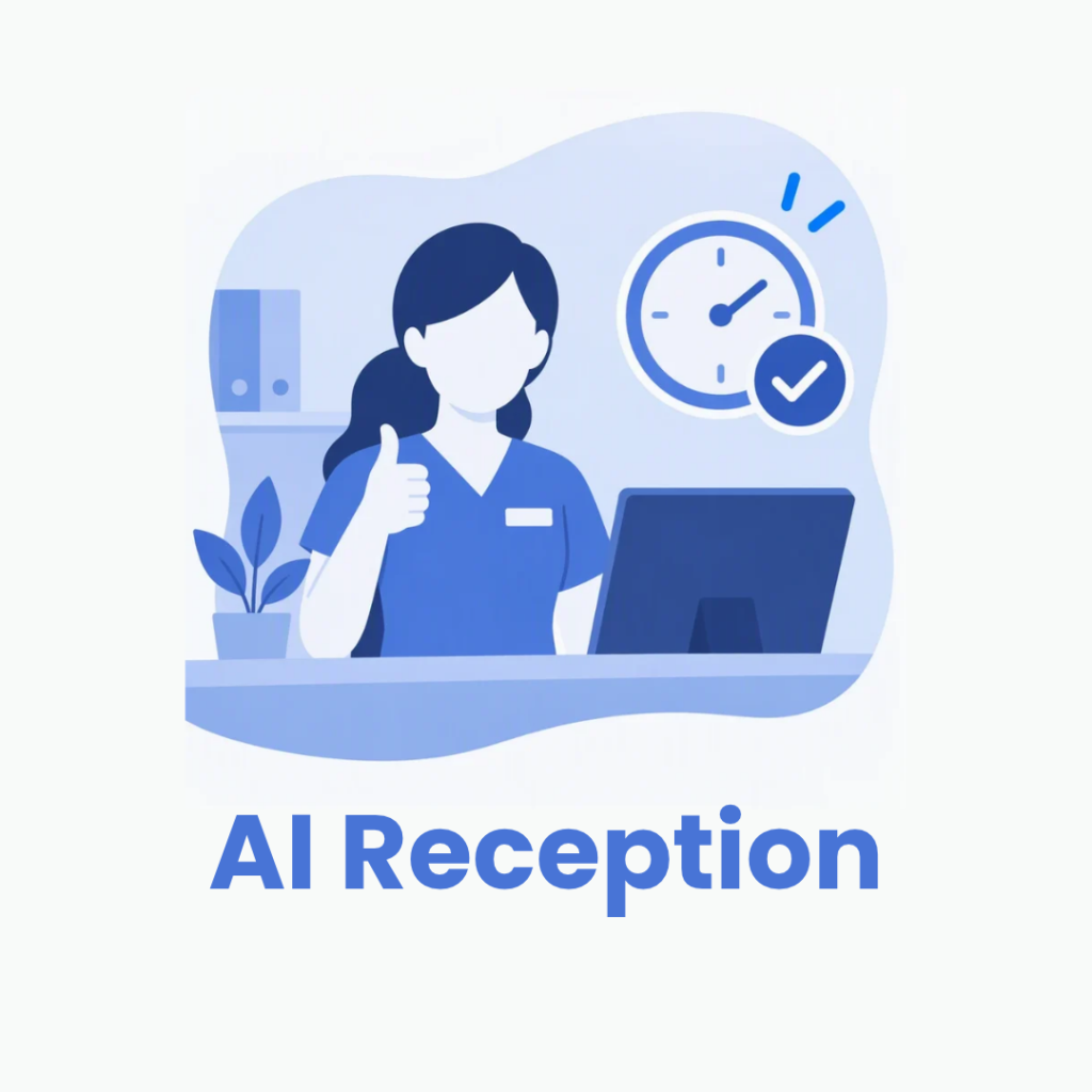 Illustration of a dental receptionist at a computer with a clock and checkmark representing time-saving AI assistance.