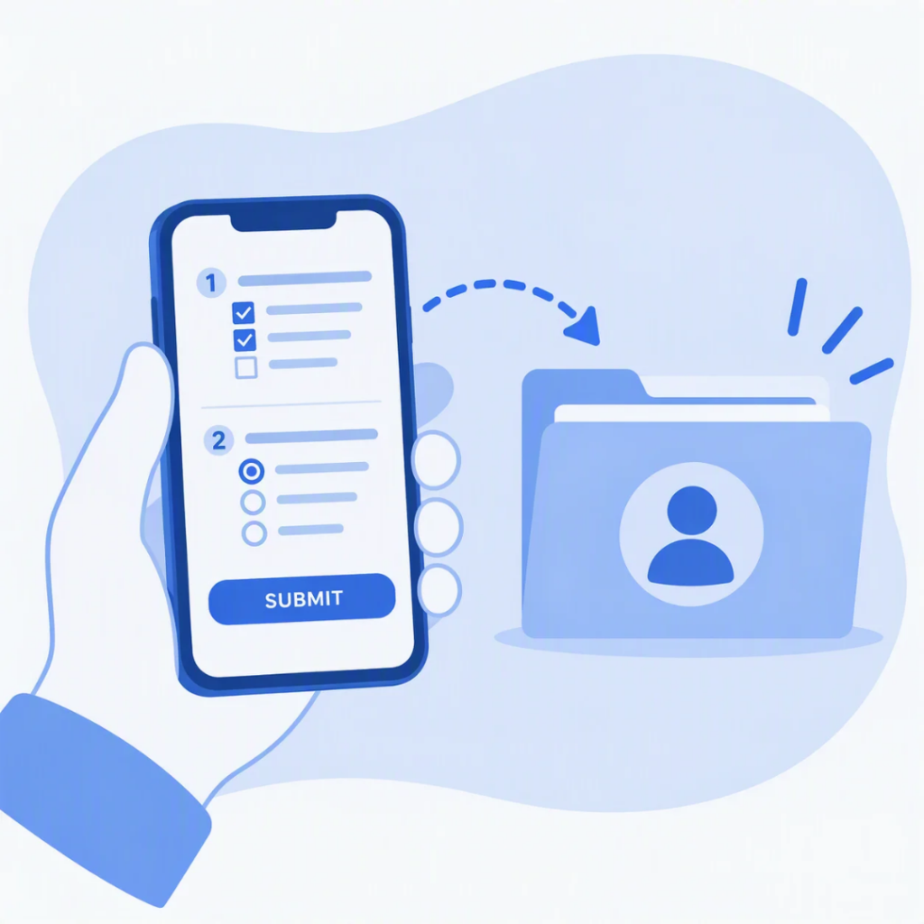 An illustration depicting an online form filled out on a smartphone being sent back directly to the patient record