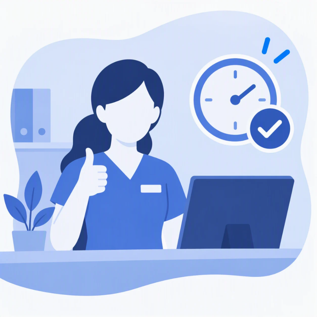 An illustration of a receptionist sitting behind a desk at ta dental office giving a thumbs up with a timer next to her head, indicating she is saving time. The timer has a small checkmark icon in the bottom right corner.